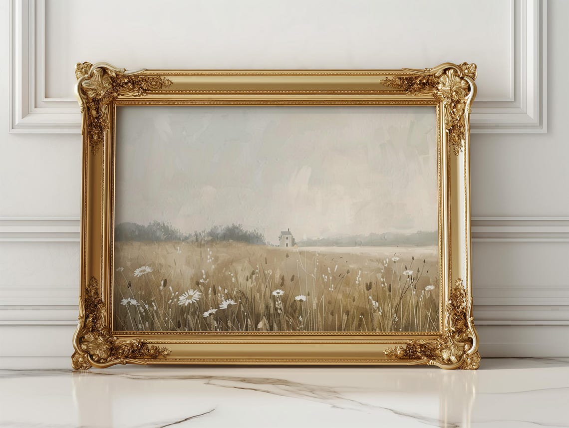 Golden Wildflower Meadow With White Daisies Pastoral Painting Poster - Image 3