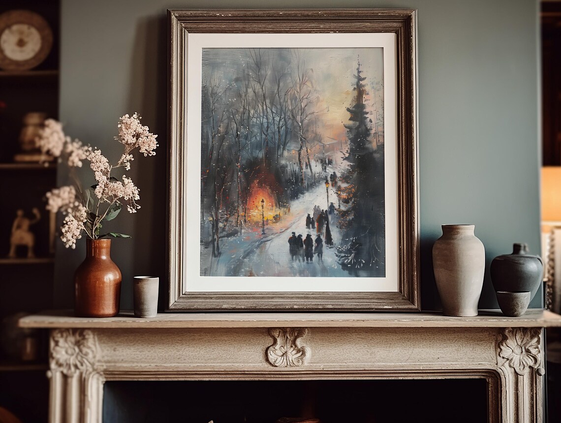 Snowy Winter Village Street At Dusk Oil Painting Style Poster - Image 3