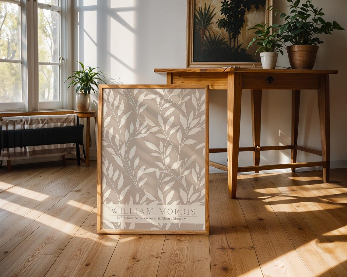 William Morris Taupe Cream Leaves Victoria and Albert Museum Poster - Image 3