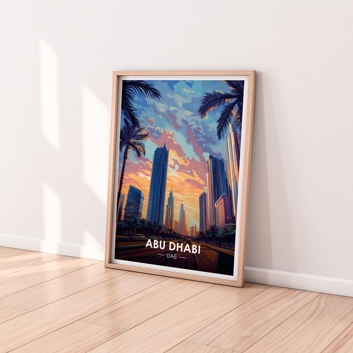 Abu Dhabi UAE Palm Framed Skyline Avenue Sunset Street Poster - Image 2