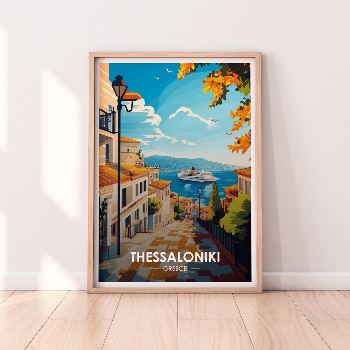 Thessaloniki Greece Old Town Street To The Sea Harbor Travel Poster