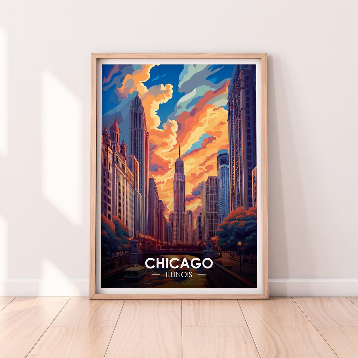 Chicago Illinois River Skyscrapers Sunset Orange Skyline Poster