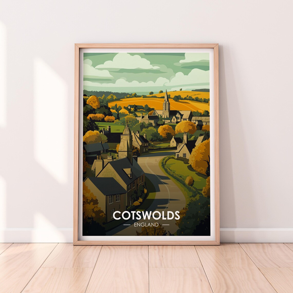 Cotswolds England Stone Cottage Village Church Autumn Poster