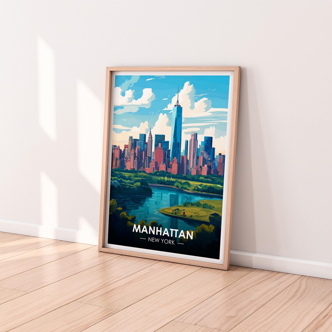 Manhattan New York Skyline Blue Skies Harbor Vintage Travel Poster - Image 2