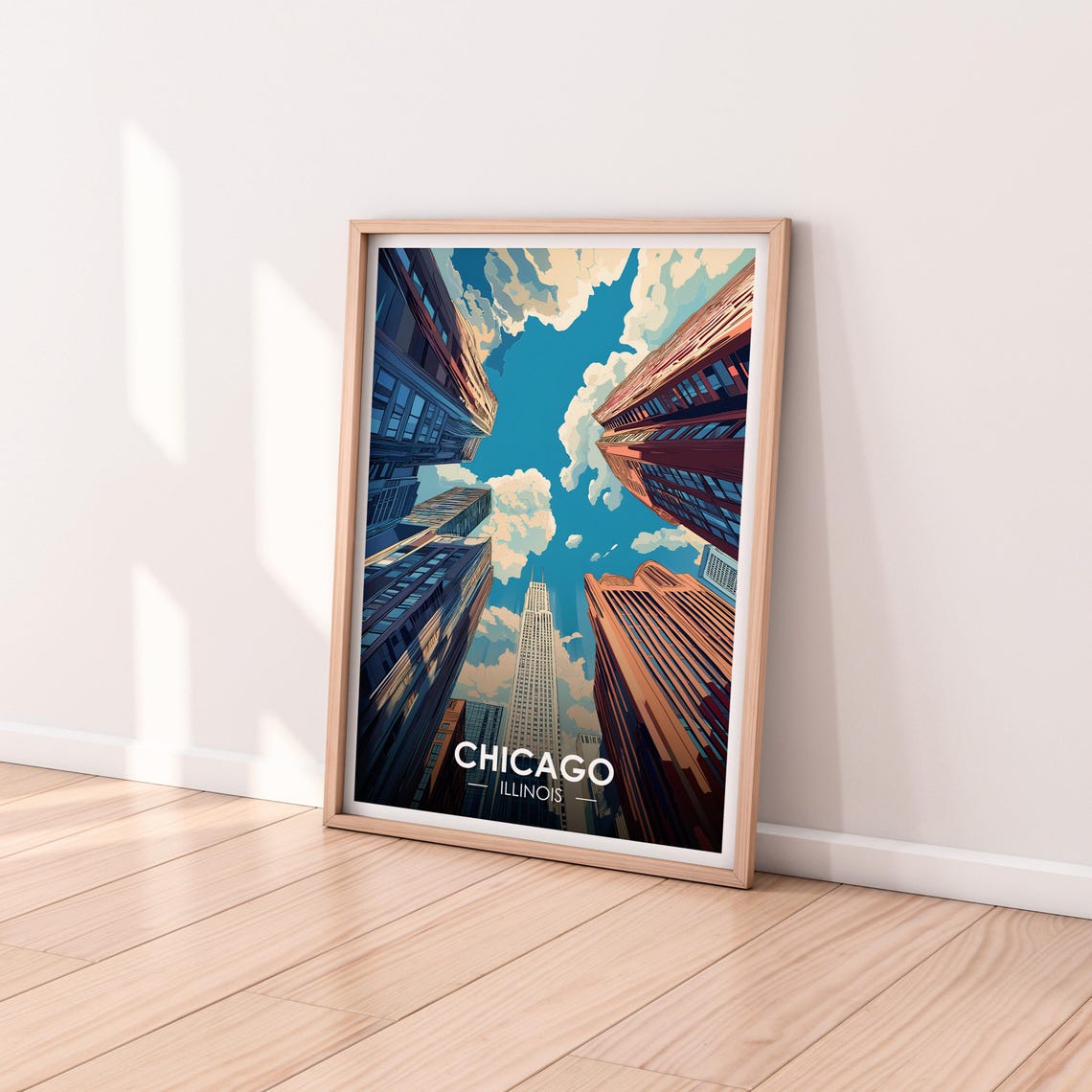 Chicago Illinois Skyscrapers Blue Sky Clouds Upward View Poster - Image 2