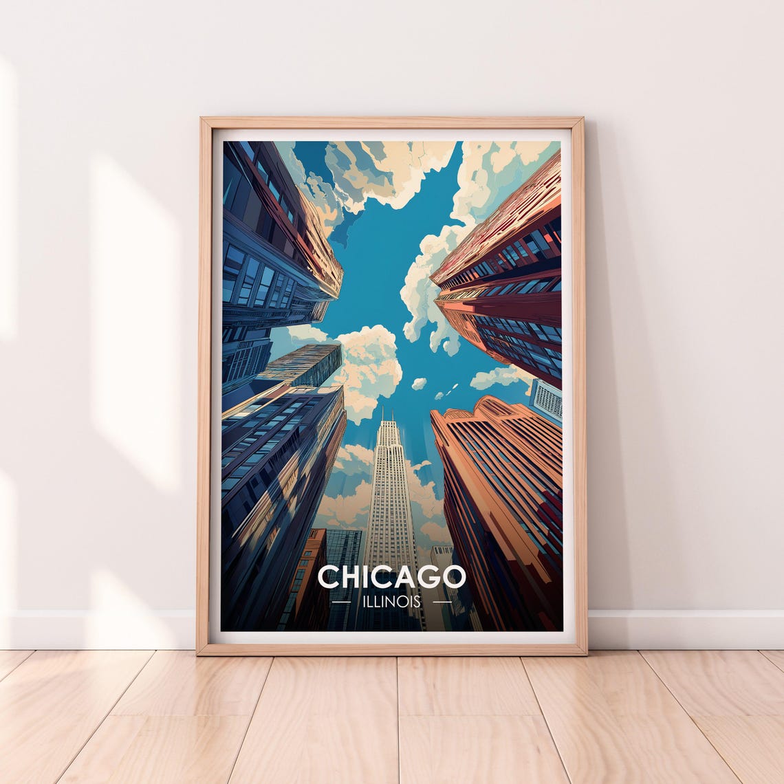 Chicago Illinois Skyscrapers Blue Sky Clouds Upward View Poster