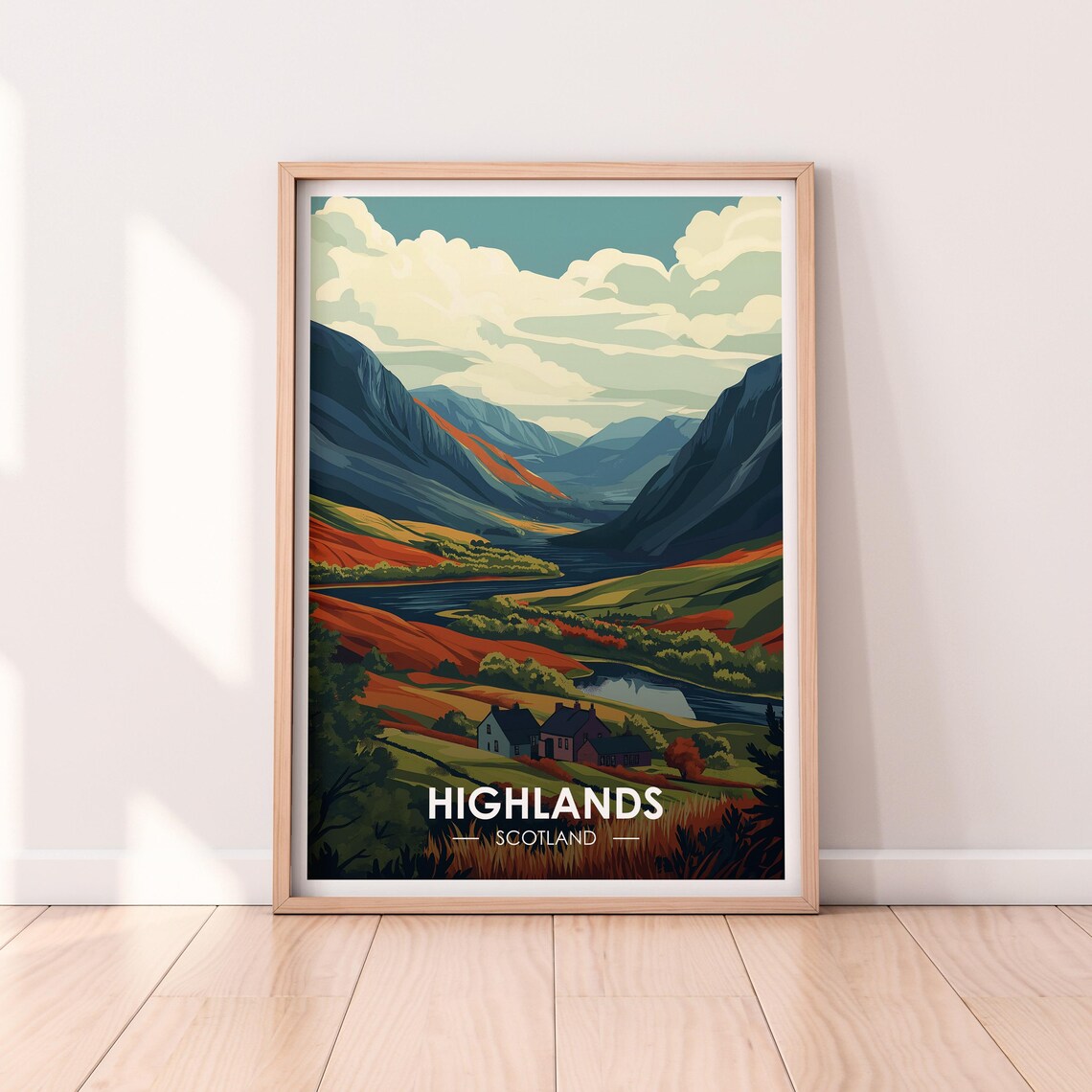 Highlands Scotland Valley Cottages Autumn Hills Countryside Poster