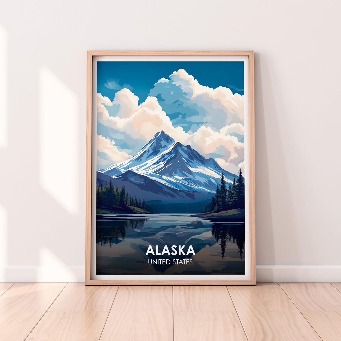 Alaska Snow Peak Mirror Lake Blue Sky Pine Forest Travel Poster