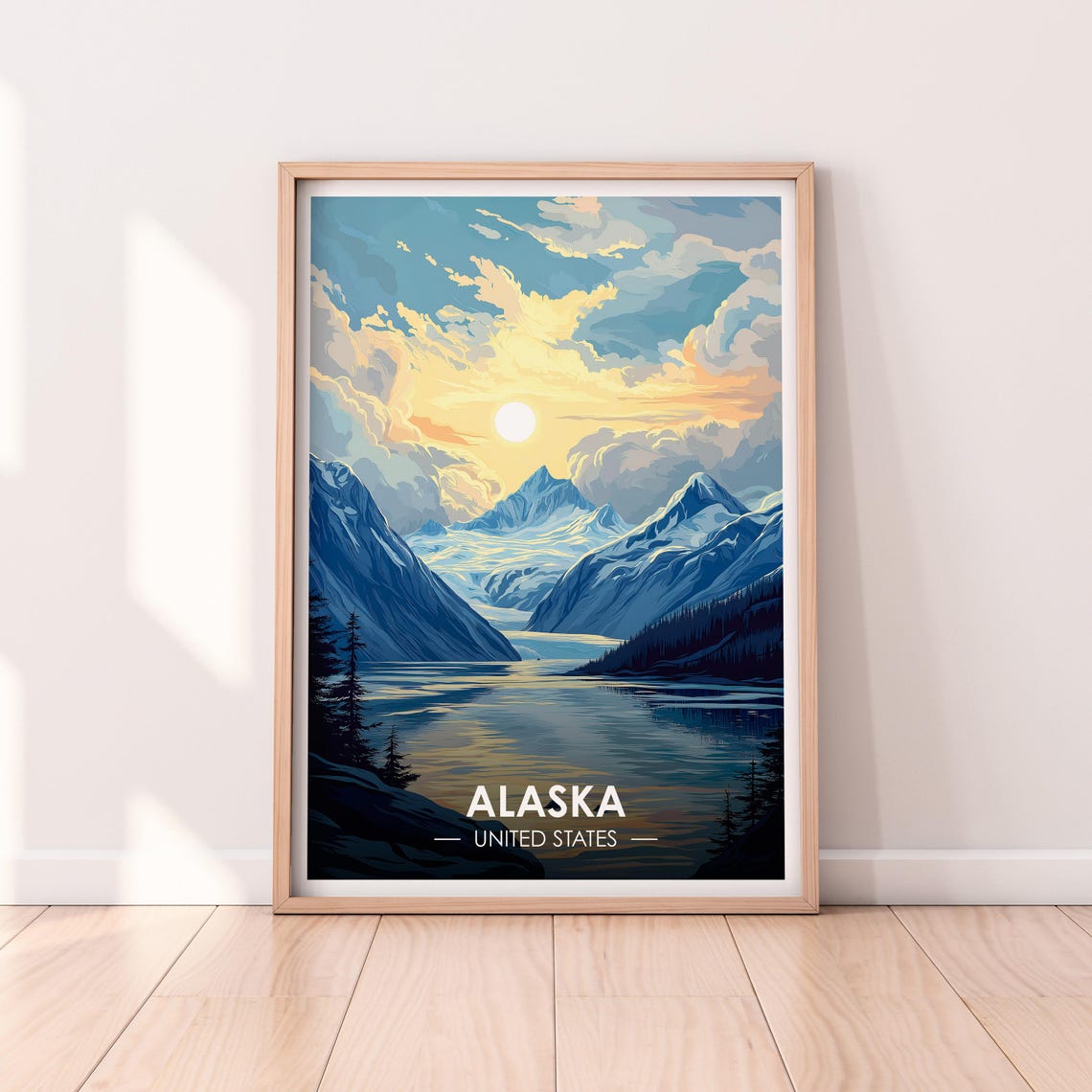 Alaska Glacier Valley Bright Sunlit Lake Snowy Peaks Travel Poster