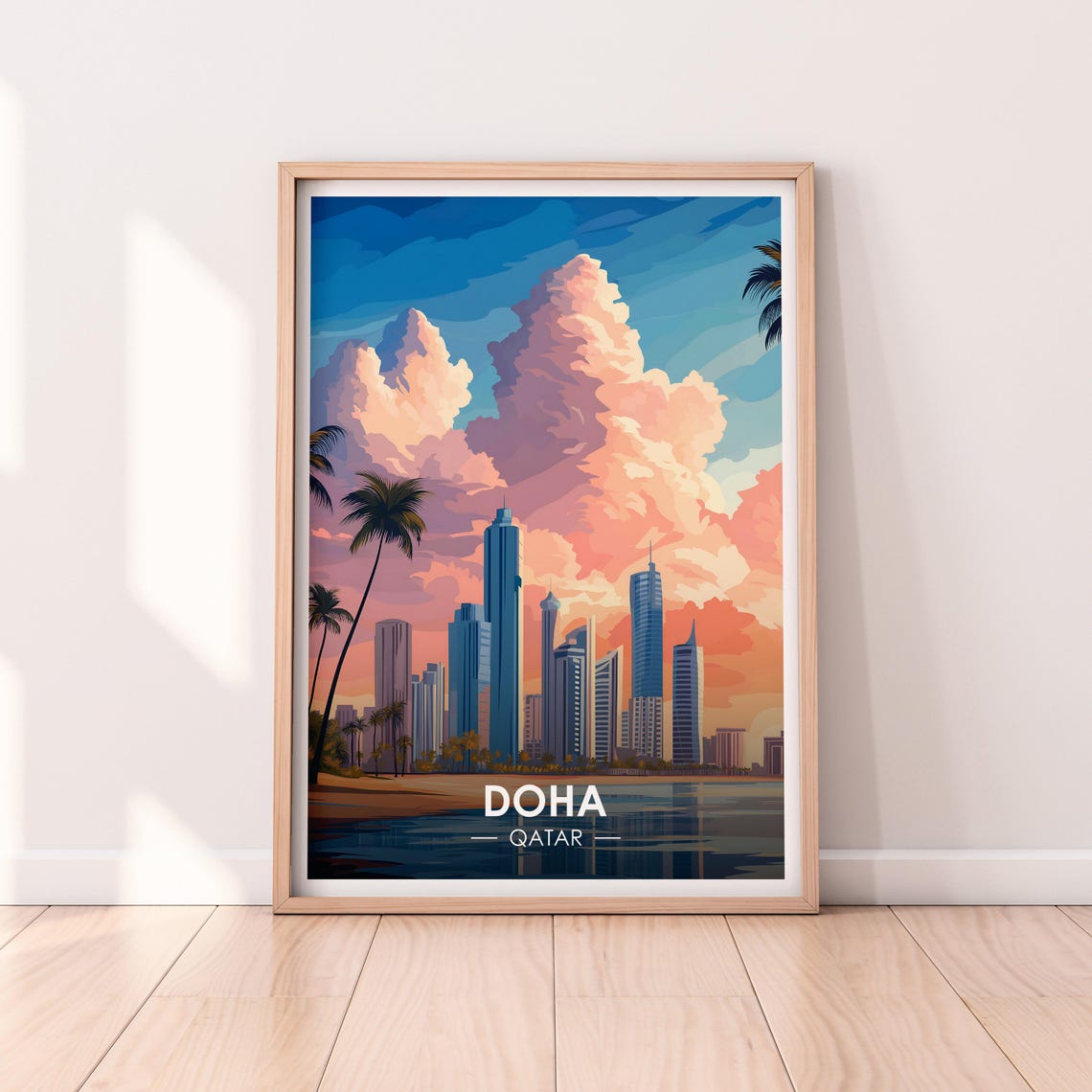 Doha Qatar Golden Sunset Skyline Palm Trees Travel Art Poster