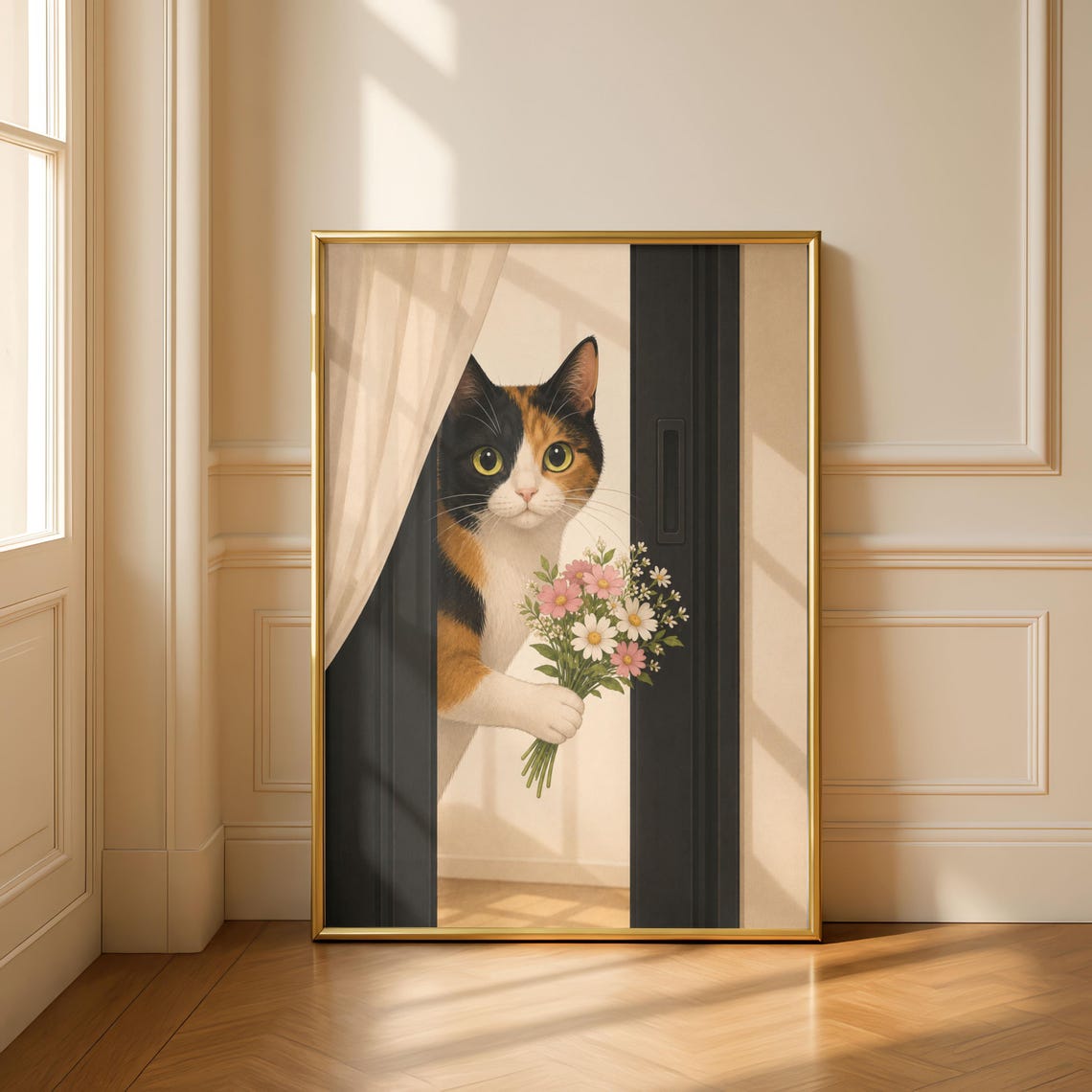 Calico Cat Floral Whimsical Kitty Flowers Peeking Doorway Poster