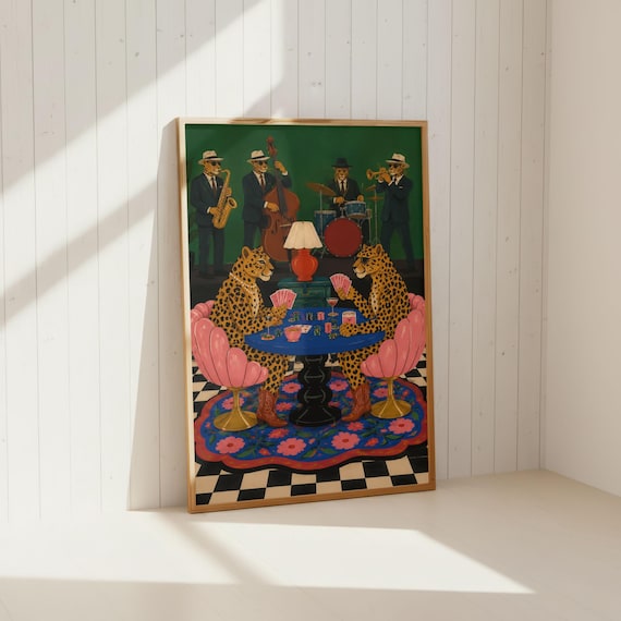 Leopards Playing Cards Poster Jazz Band Eclectic Maximalist Decor