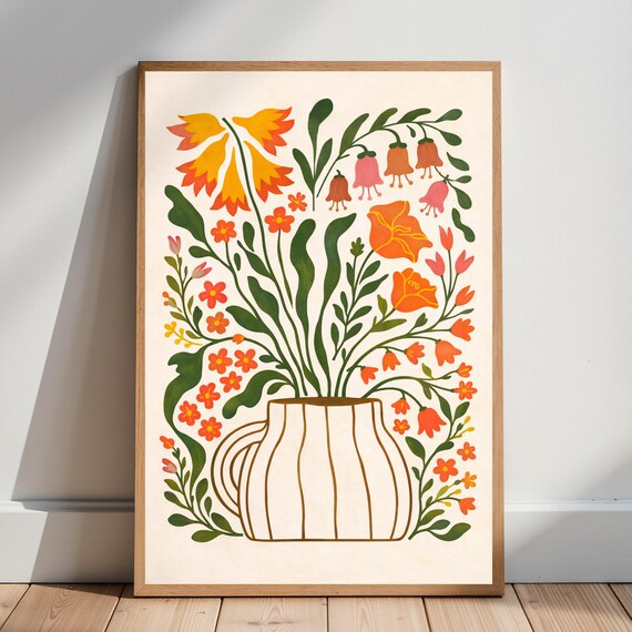 Scandinavian Floral Vase With Orange Blossoms Boho Style Poster