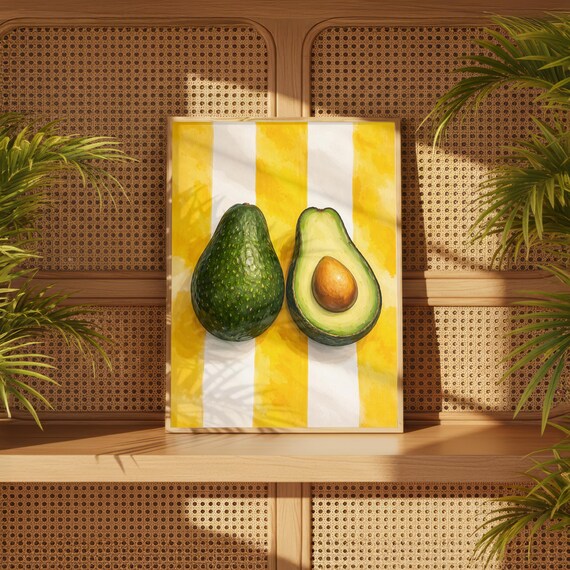 Two Avocado Halves On Yellow White Striped Sunny Kitchen Poster