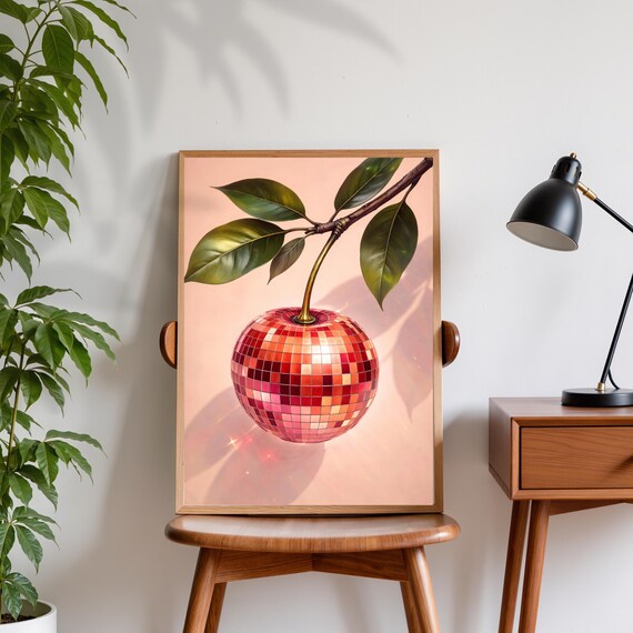 Disco Ball Cherry Branch Glam Retro Pink Funky Kitchen Wall Art