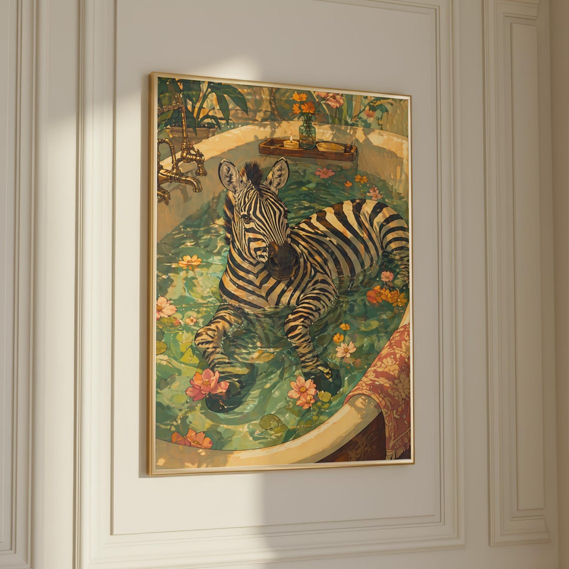 Zebra Bath Poster Funny Animal Wall Art Botanical Bathroom Print Quirky Jungle