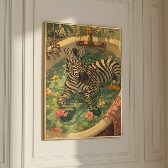 Zebra Bath Poster Funny Animal Wall Art Botanical Bathroom Print Quirky Jungle