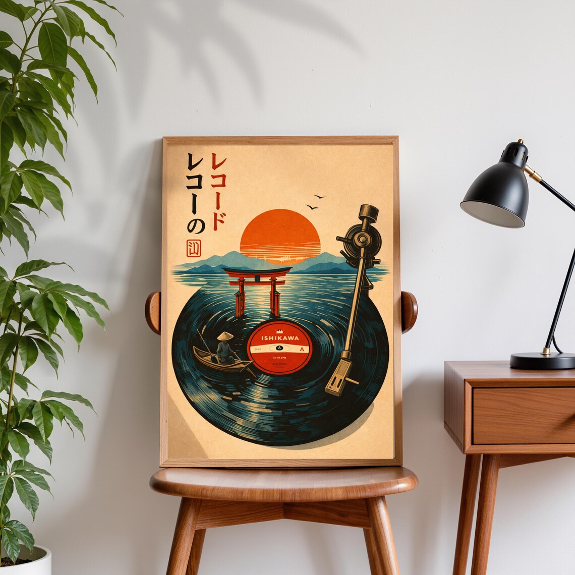 Japanese Vinyl Record Sunset Torii Gate Poster