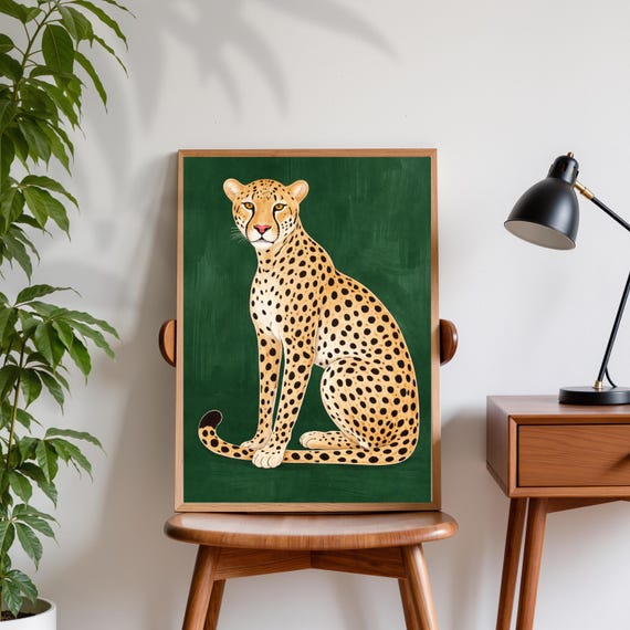 Cheetah Poster Green Background Modern Animal Wall Art Safari Decor