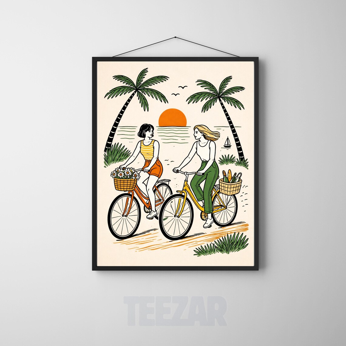 Retro Beach Bike Couple Sunset Palm Trees Summer Coastal Ride Art Poster