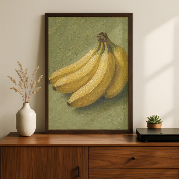 Banana Bunch Textured Oil Painting Vintage Kitchen Still Life Poster