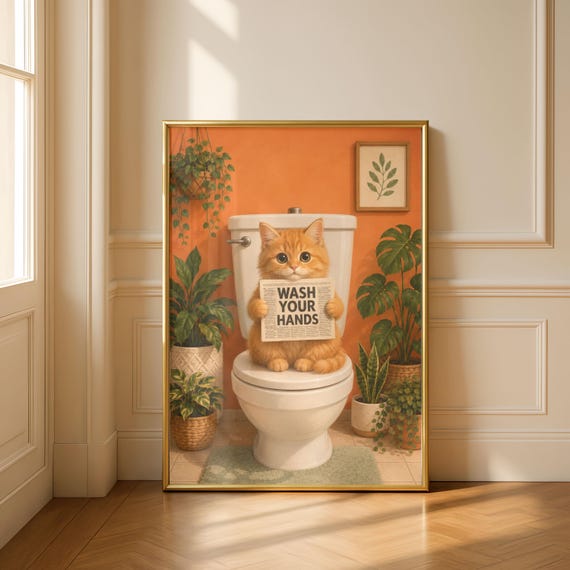 Funny Cat Toilet Wall Art Orange Kitten Wash Hands Poster Whimsical Bathroom Decor