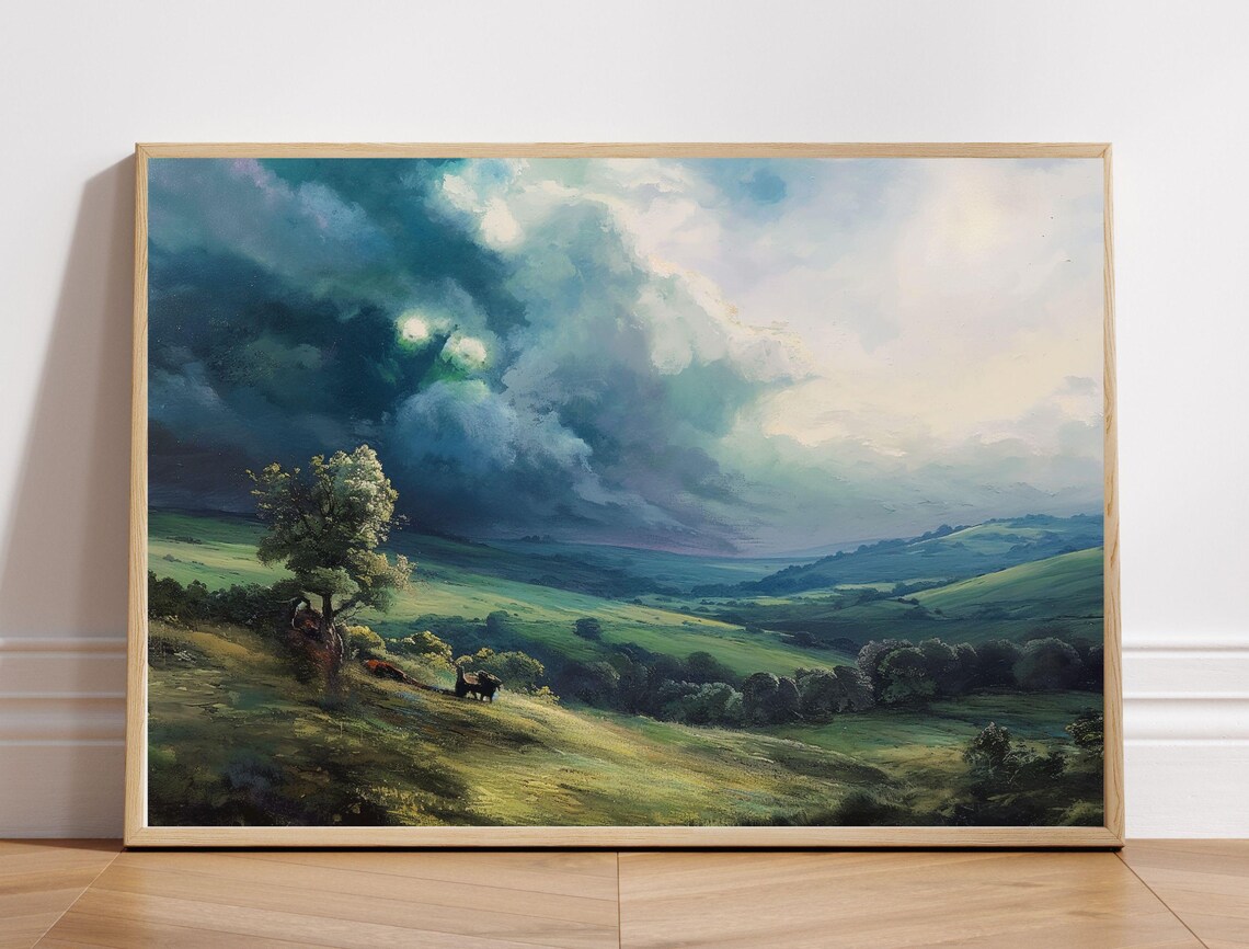 Stormy Green Hills Moody Vintage Landscape Oil Painting Poster - Image 8
