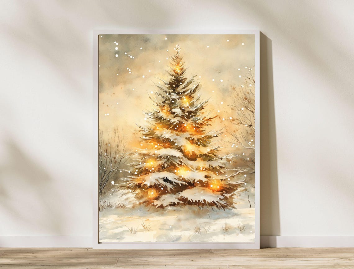 Glowing Snow Covered Pine Tree Winter Watercolor Holiday Poster - Image 8