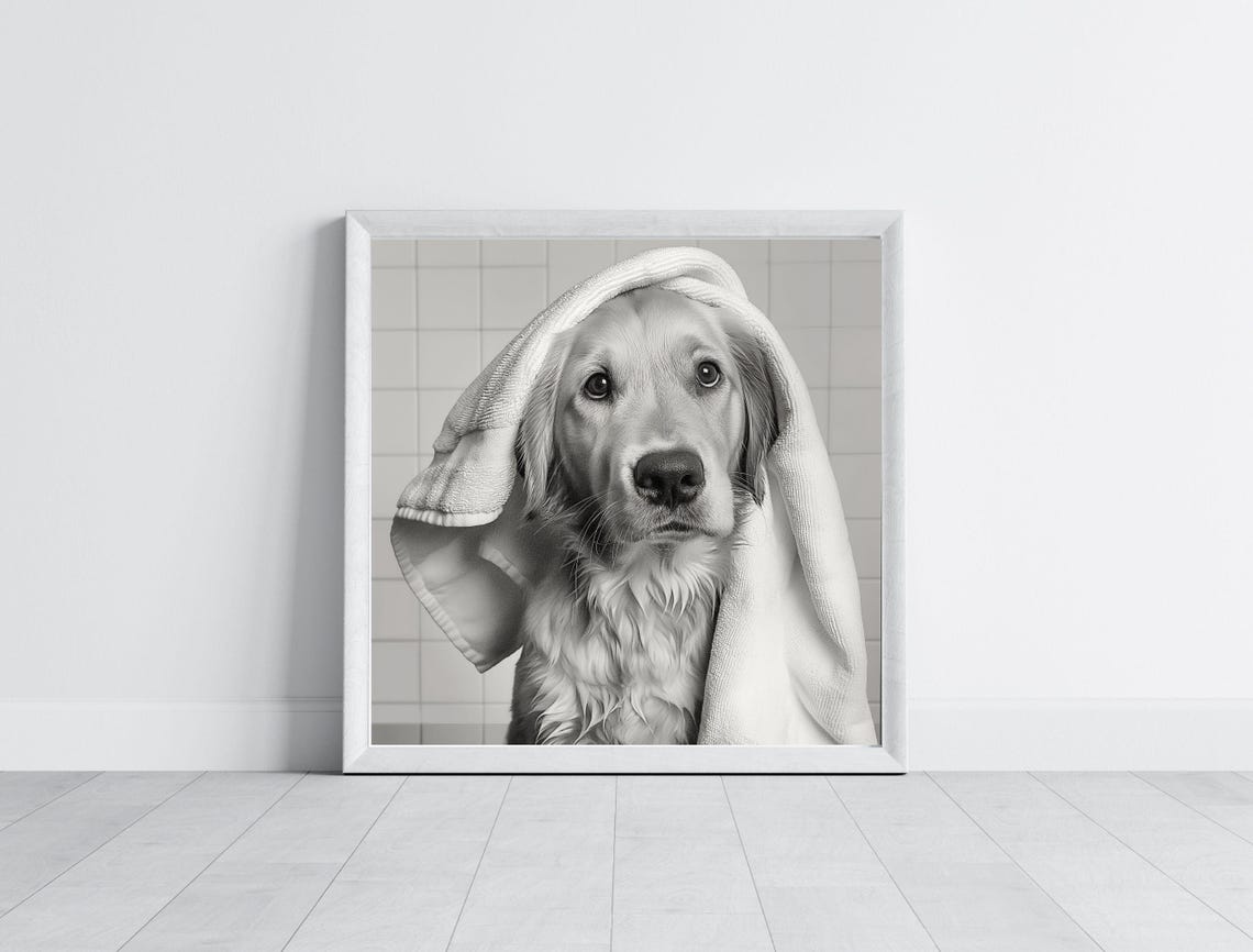 Bathroom Art Golden Retriever Gifts Toilet Humor Bathroom Wall Art Kids Bathroom Whimsy Animal Art Kids Art Bathroom Decor Towel - Image 3