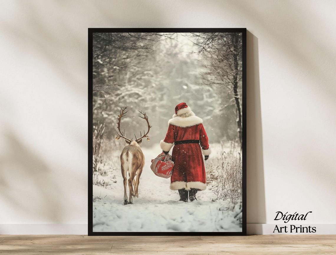 Santa Claus and Reindeer Walking in Snowy Winter Forest Art Poster