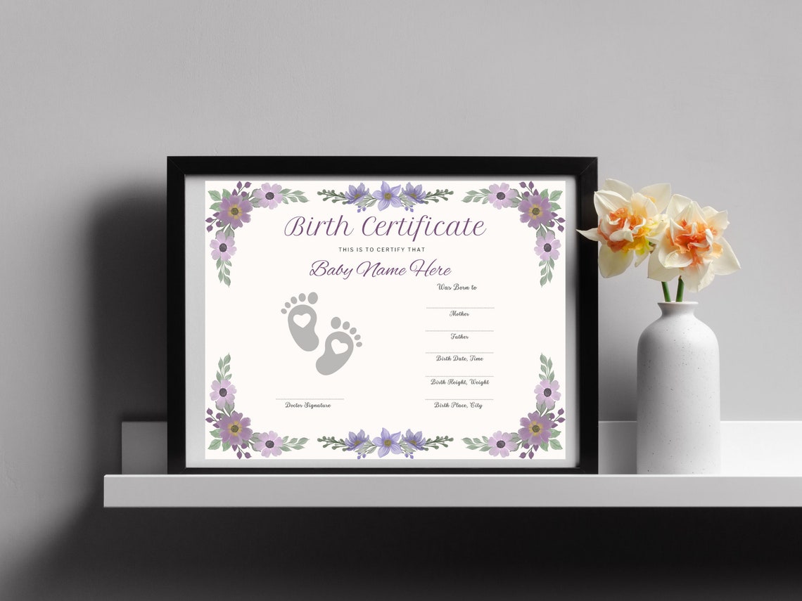Baby Birth Certificate Keepsake Floral Template Footprint Print - Image 8