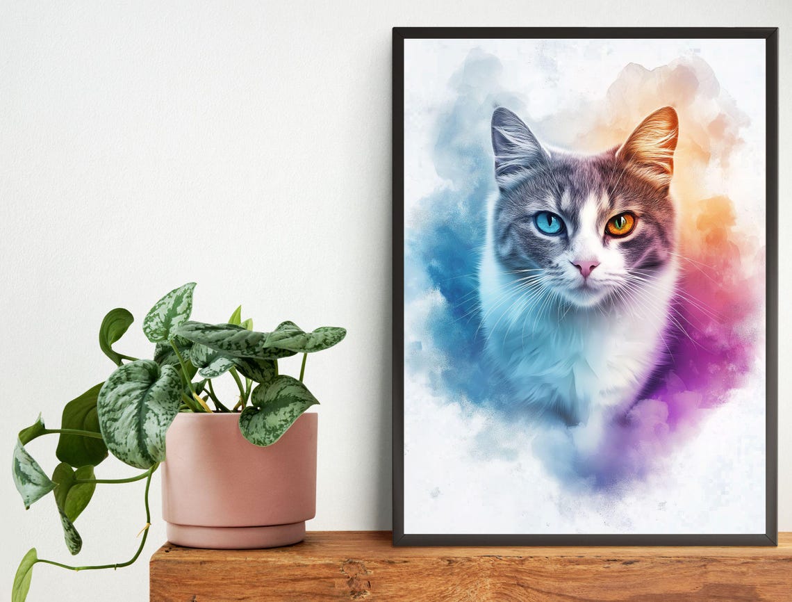 Gray Watercolor Cat Portrait Odd Eyes Pastel Splash Art Print - Image 6