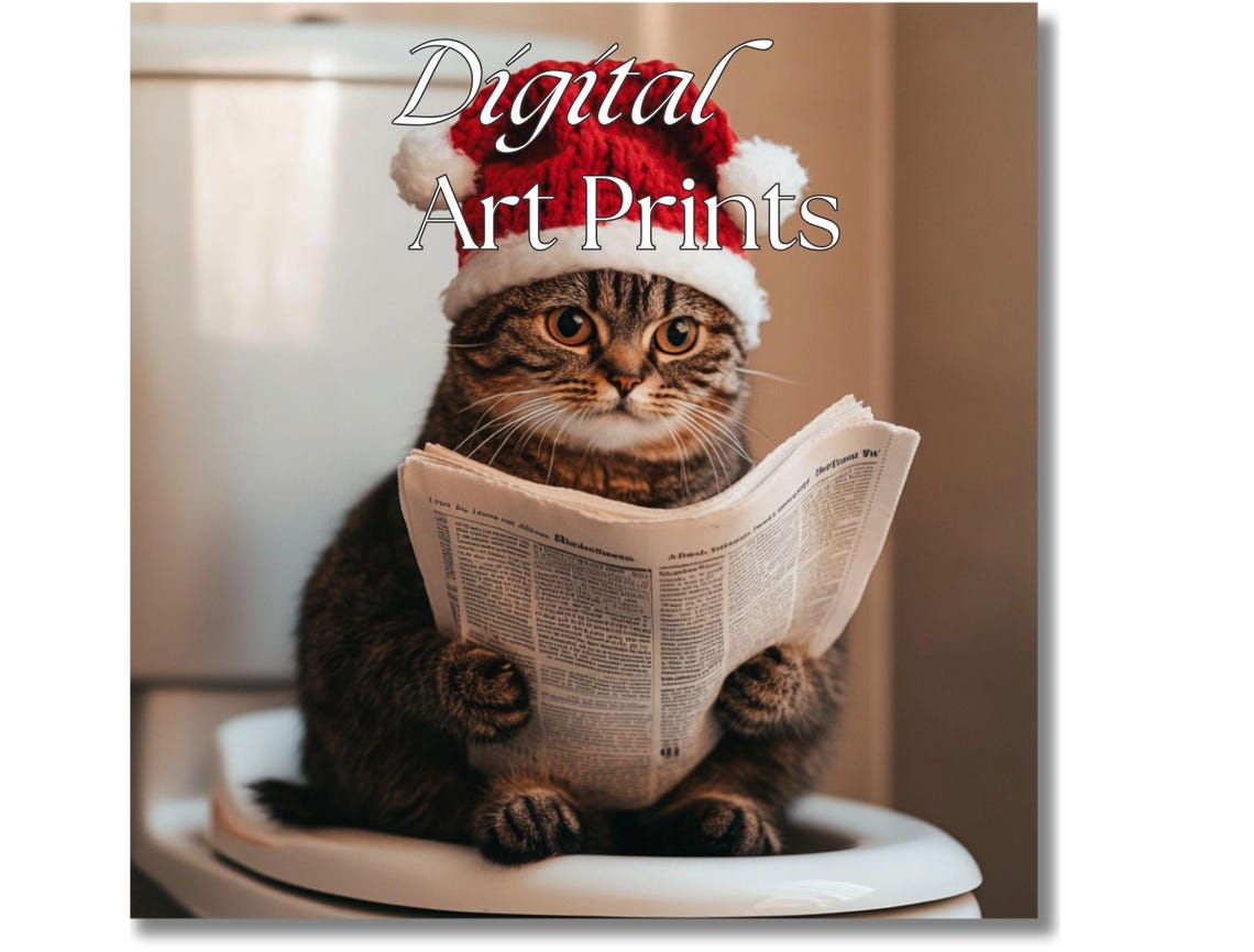 Funny Christmas Cat in Santa Hat Reading Newspaper Bathroom Poster - Image 2