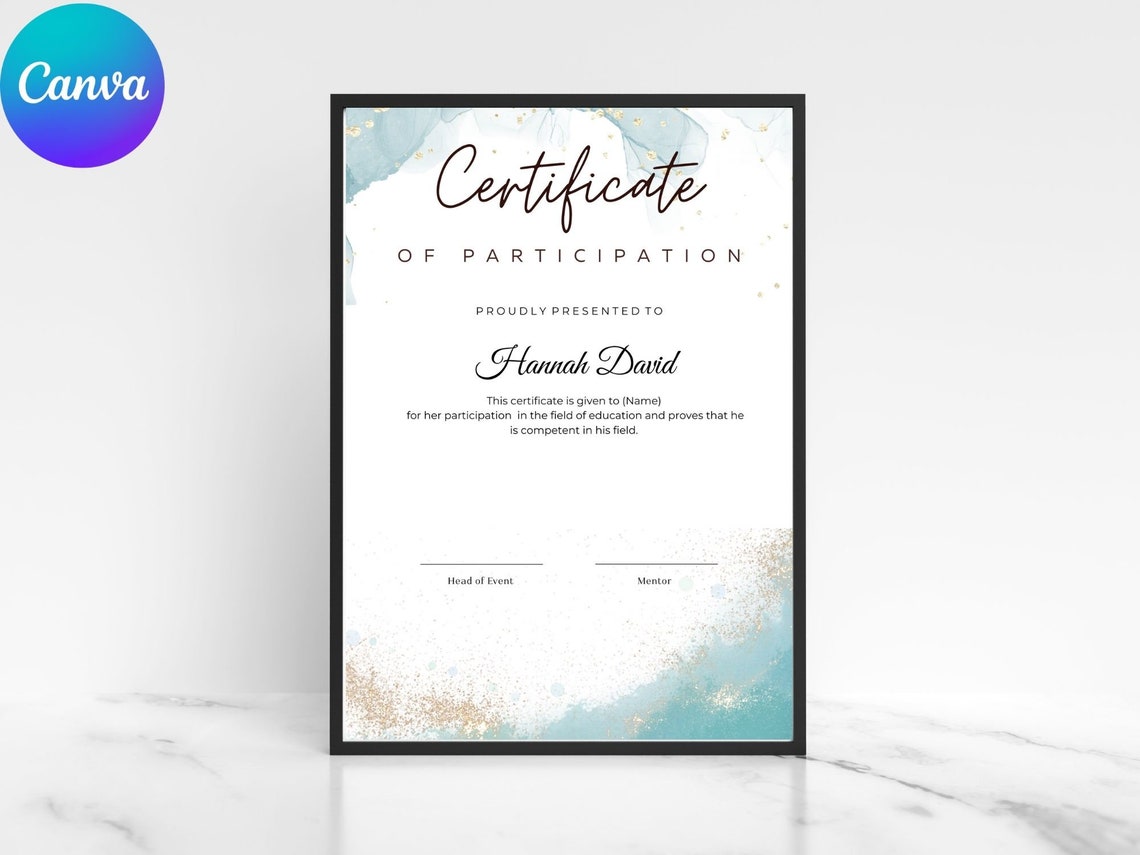 Editable Certificate Of Participation Canva Template Digital Print