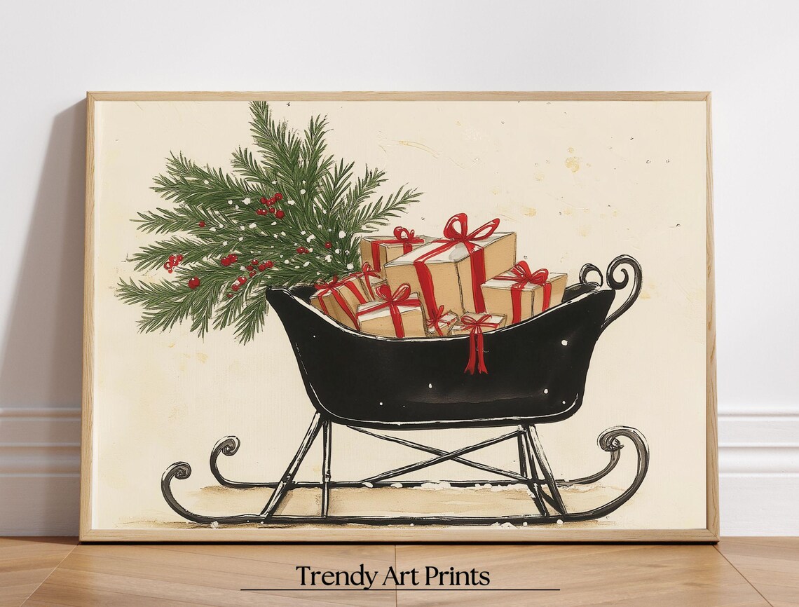 Vintage Black Sleigh Loaded With Gifts and Pine Christmas Poster - Image 6