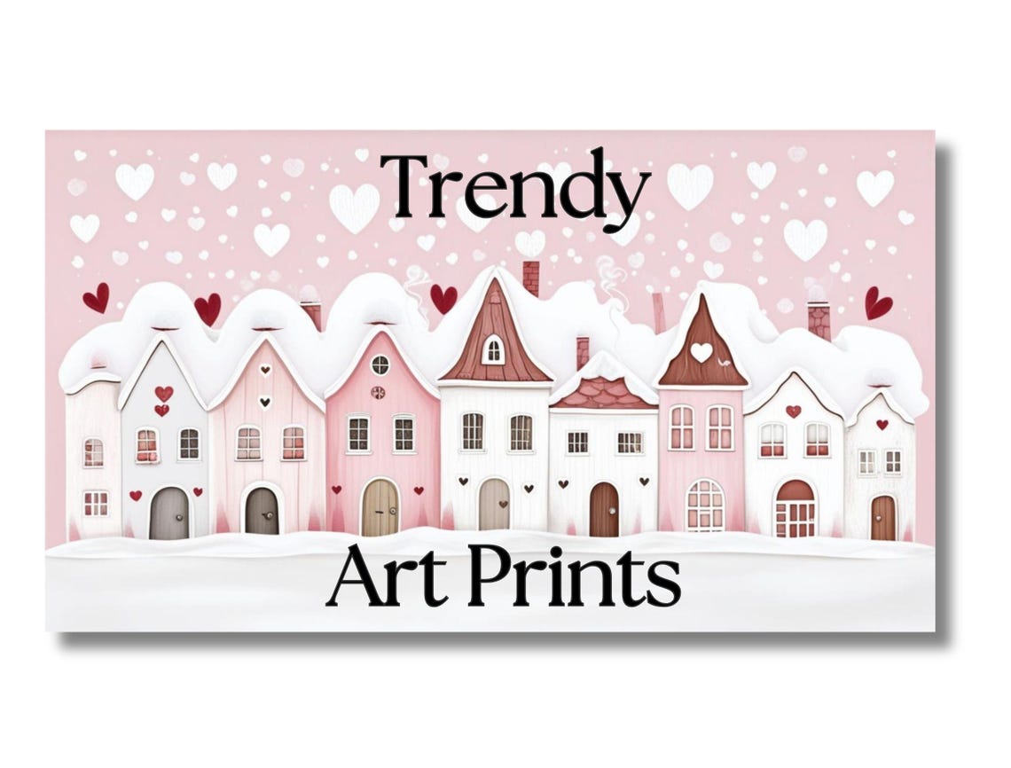 Blushing Pink Snow Village Falling Hearts Winter Romance Art Print - Image 3