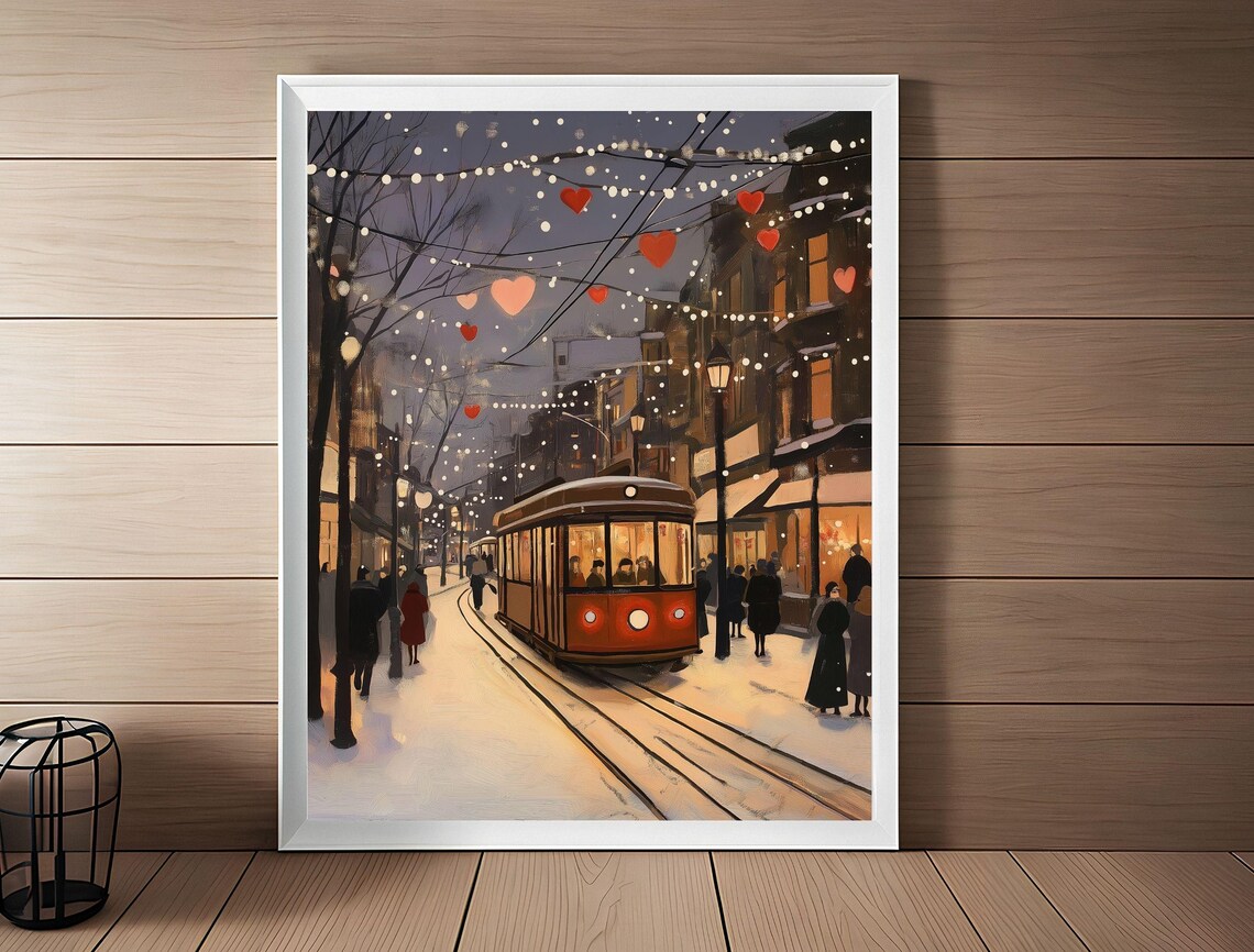 Vintage Winter Night Tram Street Heart Lights Painting Print - Image 3