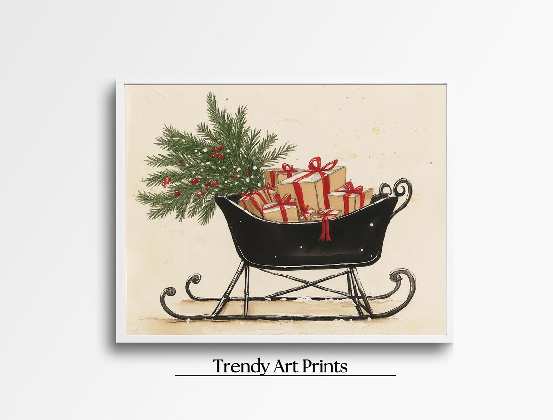 Vintage Black Sleigh Loaded With Gifts and Pine Christmas Poster - Image 8