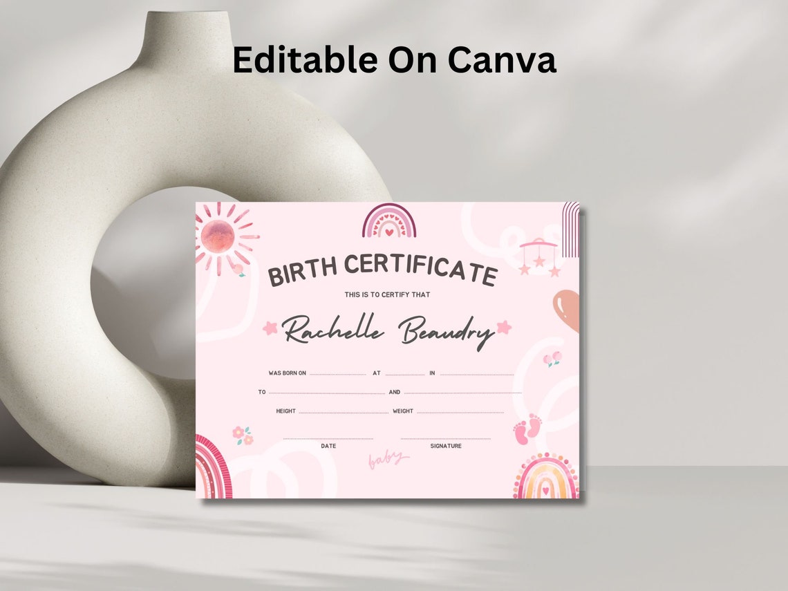 Editable Baby Birth Certificate Template Pink Boho Rainbow Canva Print - Image 6