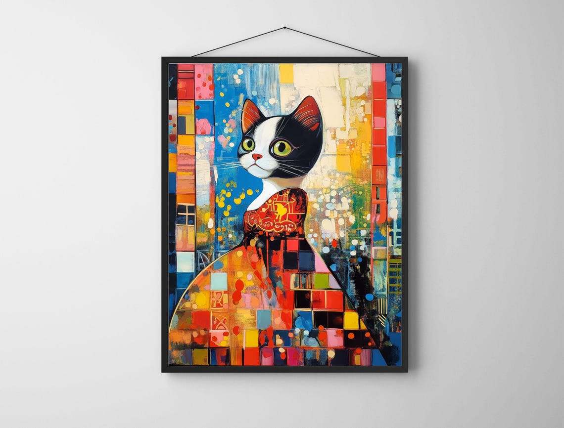 Colorful Mosaic Tuxedo Cat Abstract Patchwork Portrait Art Print - Image 7