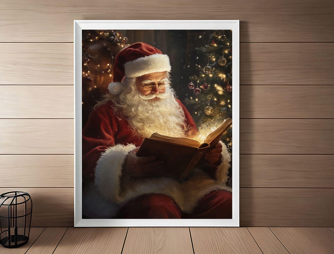 Santa Claus Reading Glowing Book by Christmas Tree Cozy Art Poster - Image 3