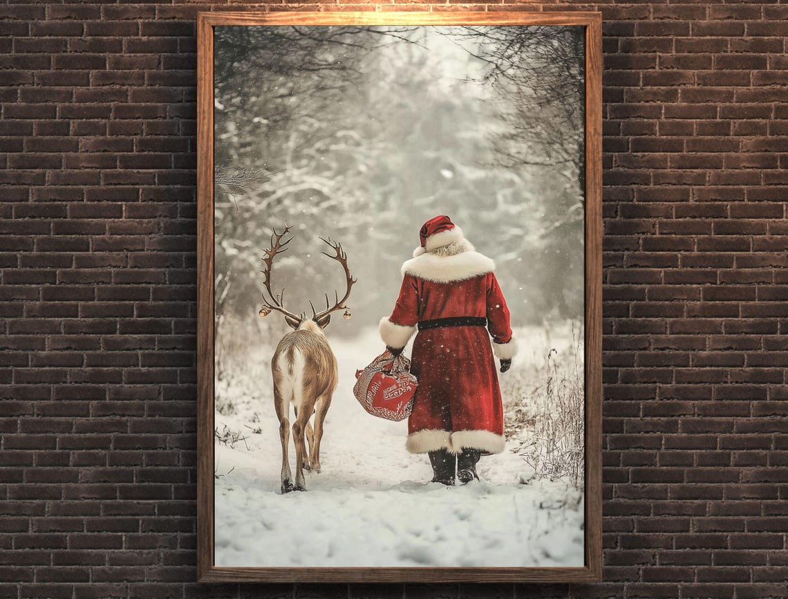 Santa Claus and Reindeer Walking in Snowy Winter Forest Art Poster - Image 7