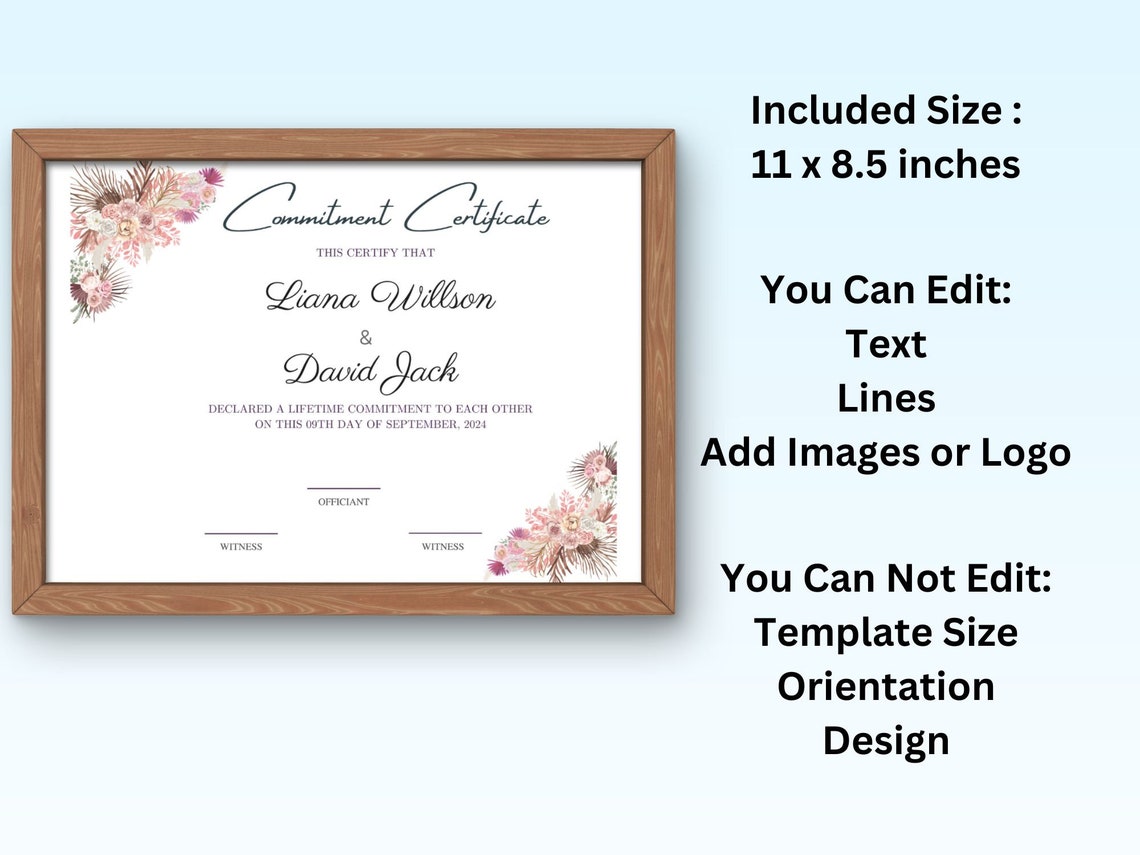 Elegant Floral Commitment Certificate Wedding Vow Keepsake Print - Image 3