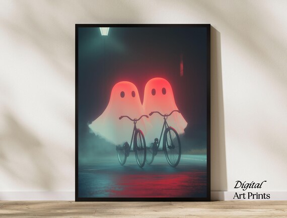 Two Glowing Red Ghosts Riding Bicycles Down a Neon Street Poster
