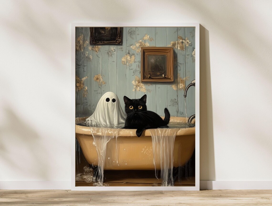 Black Cat and a Cute Ghost in a Spooky Overflowing Bathtub Poster - Image 7