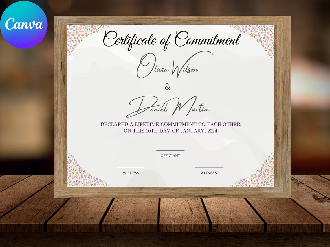 Certificate of Commitment Template Floral Couple Keepsake Print