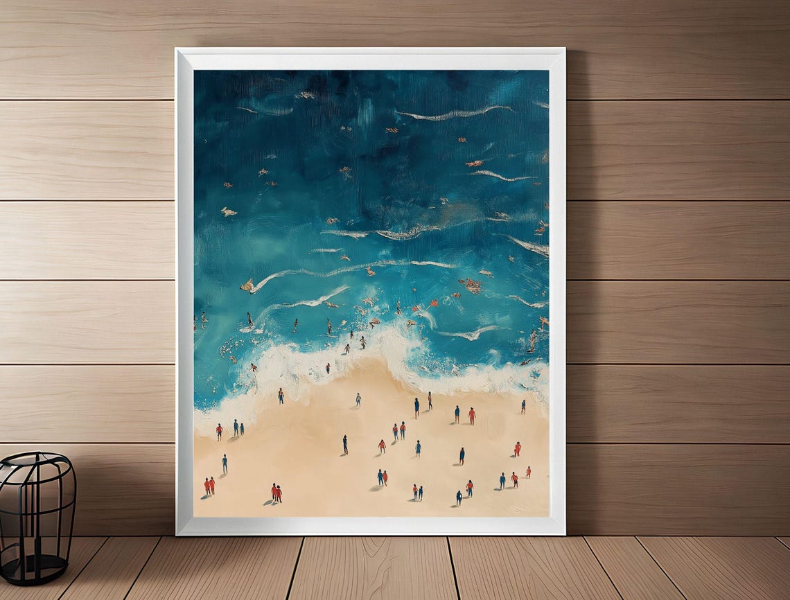 Foamy Aerial Turquoise Waves Sandy Beach People Summer Art Print - Image 3