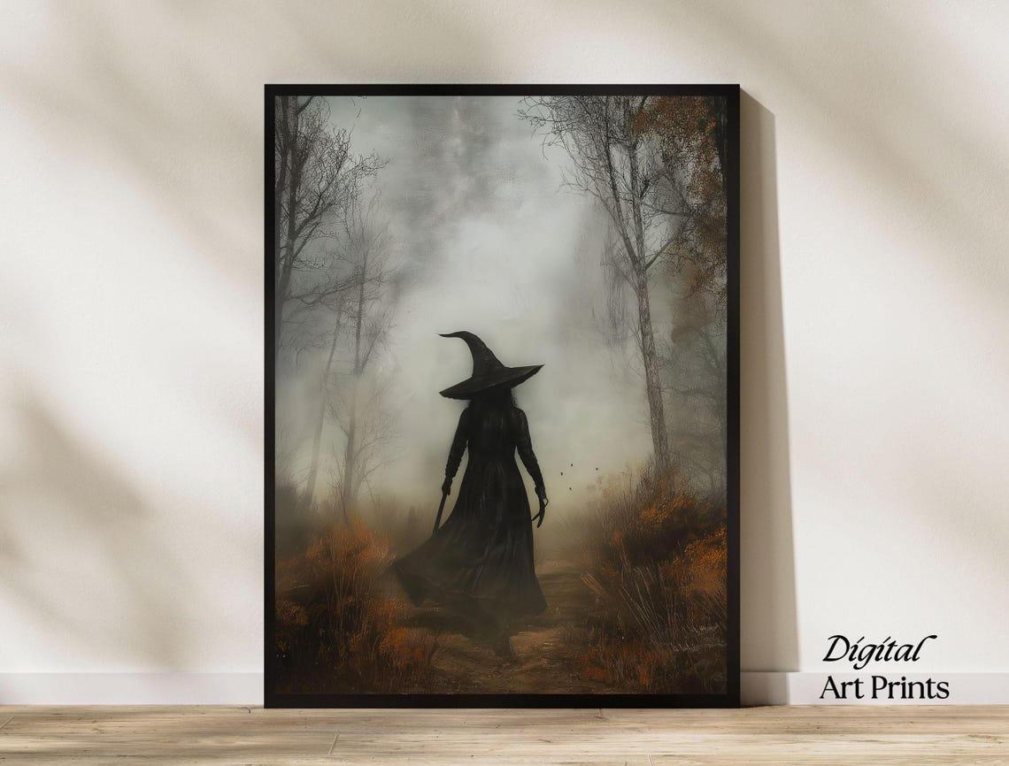 Witch Silhouette Walking Away Into a Misty Autumn Forest Poster