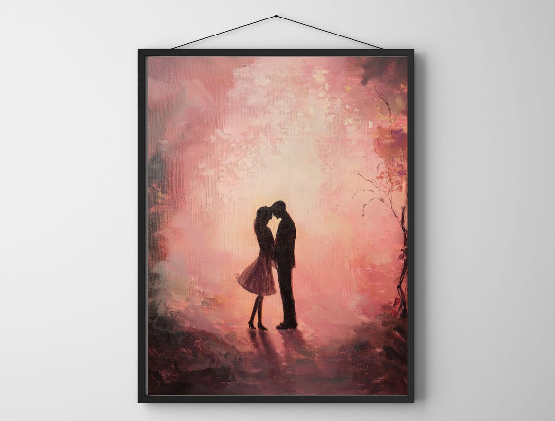 Romantic Couple Silhouette Blush Pink Forest Kiss Art Painting Print - Image 6