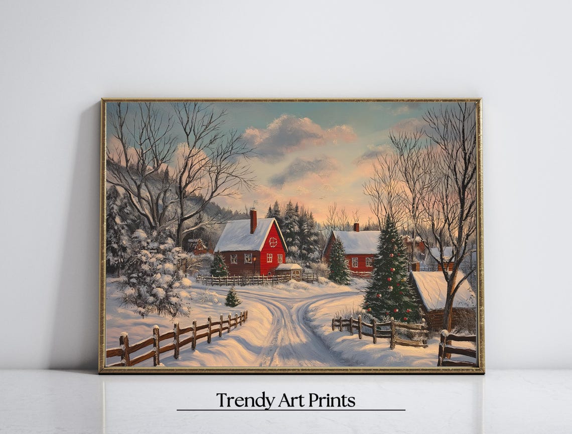 Snowy Christmas Village Farmhouse Red Barn Winter Landscape Poster - Image 7